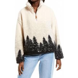 NEW WEEKEND LOS ANGELES forest pattern quarter zip pullover in ivory/ grey multi